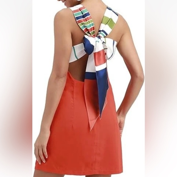 Lulus Women's Orange Joyful Multi Stripe Tie-Back Mini Shift Dress Size Large - Picture 2 of 11